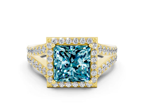 Yellow gold Princess Cut Blue Topaz Split Shank Halo Ring with Four-Prong Setting_12