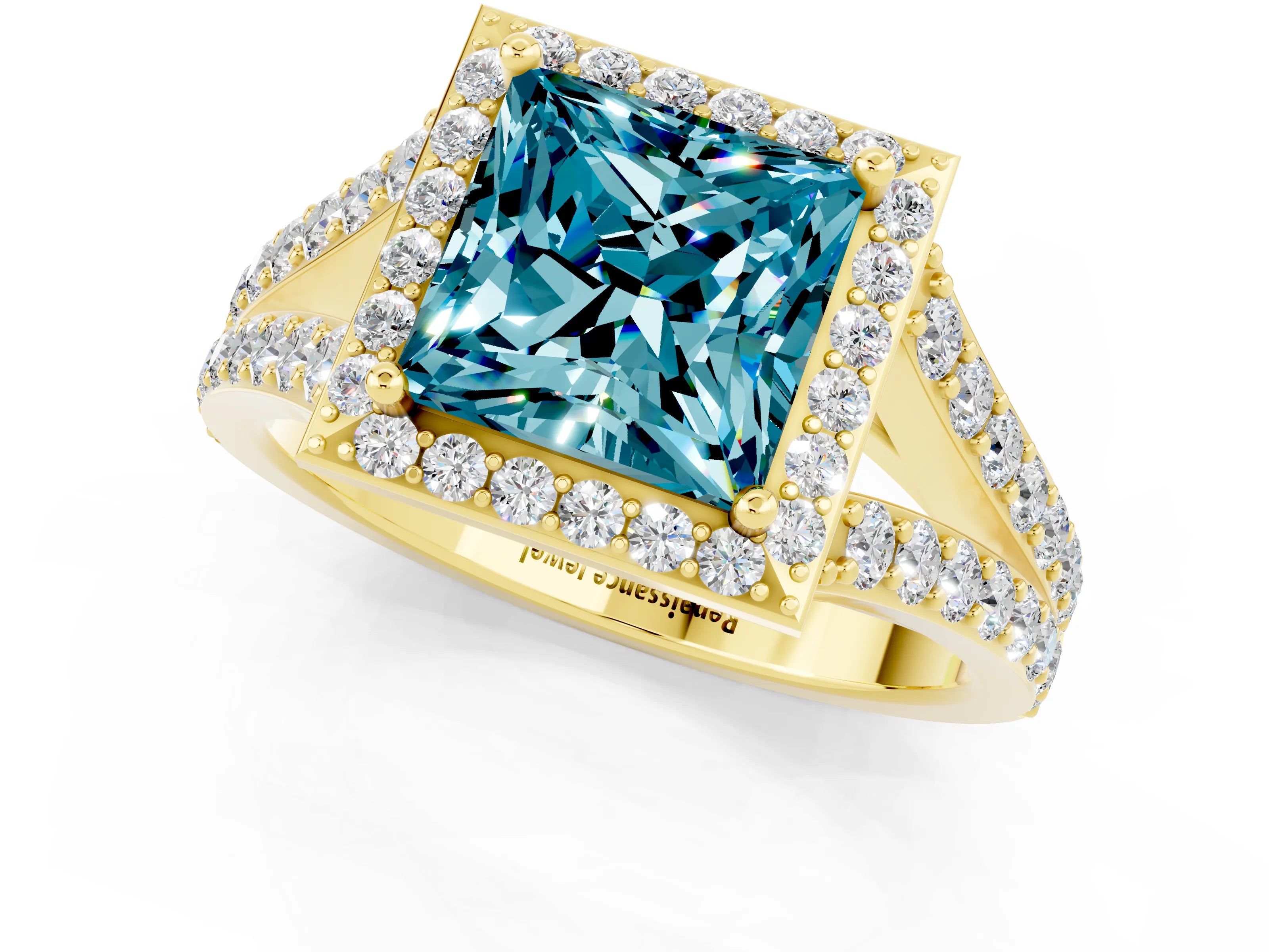 Yellow gold Princess Cut Blue Topaz Split Shank Halo Ring with Four-Prong Setting_13
