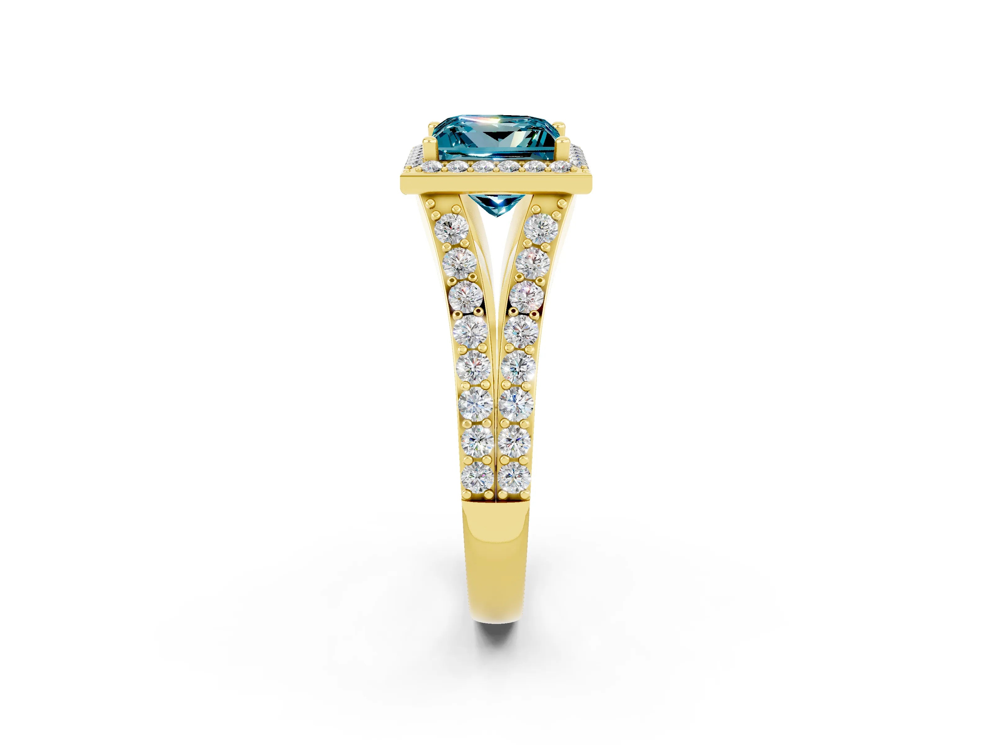 Yellow gold Princess Cut Blue Topaz Split Shank Halo Ring with Four-Prong Setting_14