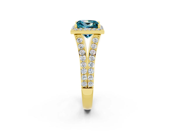 Yellow gold Princess Cut Blue Topaz Split Shank Halo Ring with Four-Prong Setting