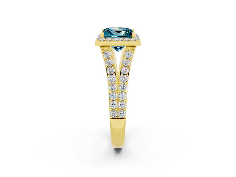 Yellow gold Princess Cut Blue Topaz Split Shank Halo Ring with Four-Prong Setting_14