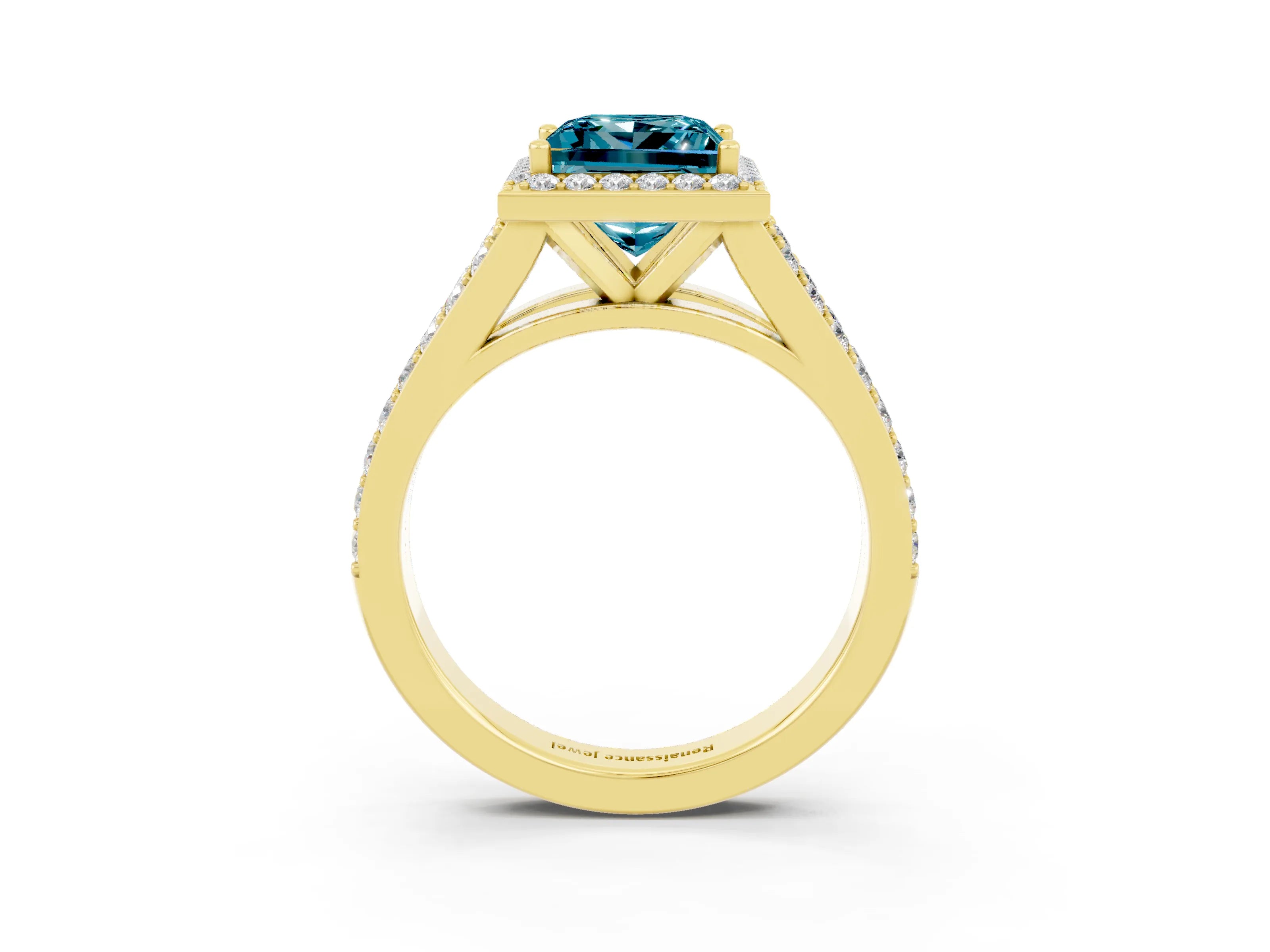 Yellow gold Princess Cut Blue Topaz Split Shank Halo Ring with Four-Prong Setting_15