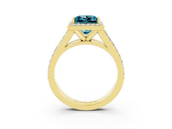 Yellow gold Princess Cut Blue Topaz Split Shank Halo Ring with Four-Prong Setting
