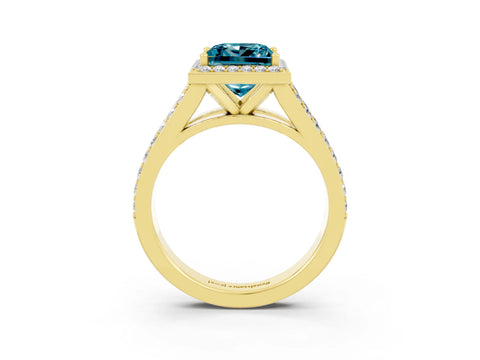 Yellow gold Princess Cut Blue Topaz Split Shank Halo Ring with Four-Prong Setting_15