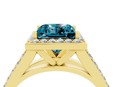 Yellow gold Princess Cut Blue Topaz Split Shank Halo Ring with Four-Prong Setting_16