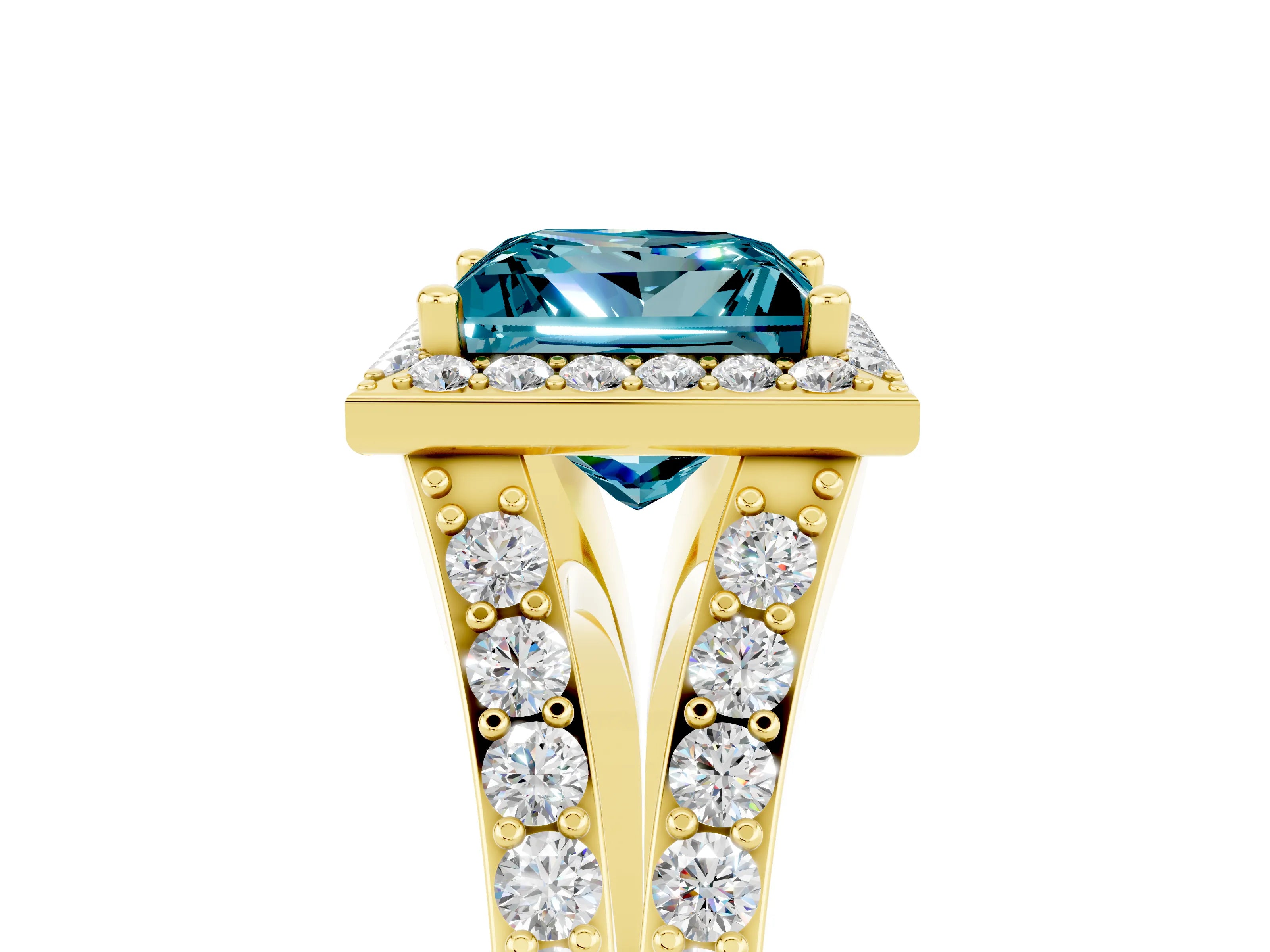 Yellow gold Princess Cut Blue Topaz Split Shank Halo Ring with Four-Prong Setting_17
