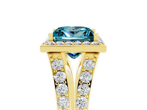 Yellow gold Princess Cut Blue Topaz Split Shank Halo Ring with Four-Prong Setting_17