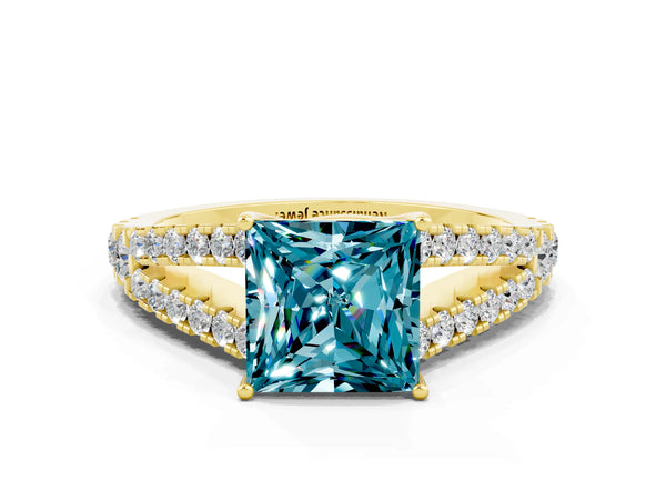 Yellow gold Princess Cut Blue Topaz Split Shank Pavé Engagement Ring with Four-Prong Setting