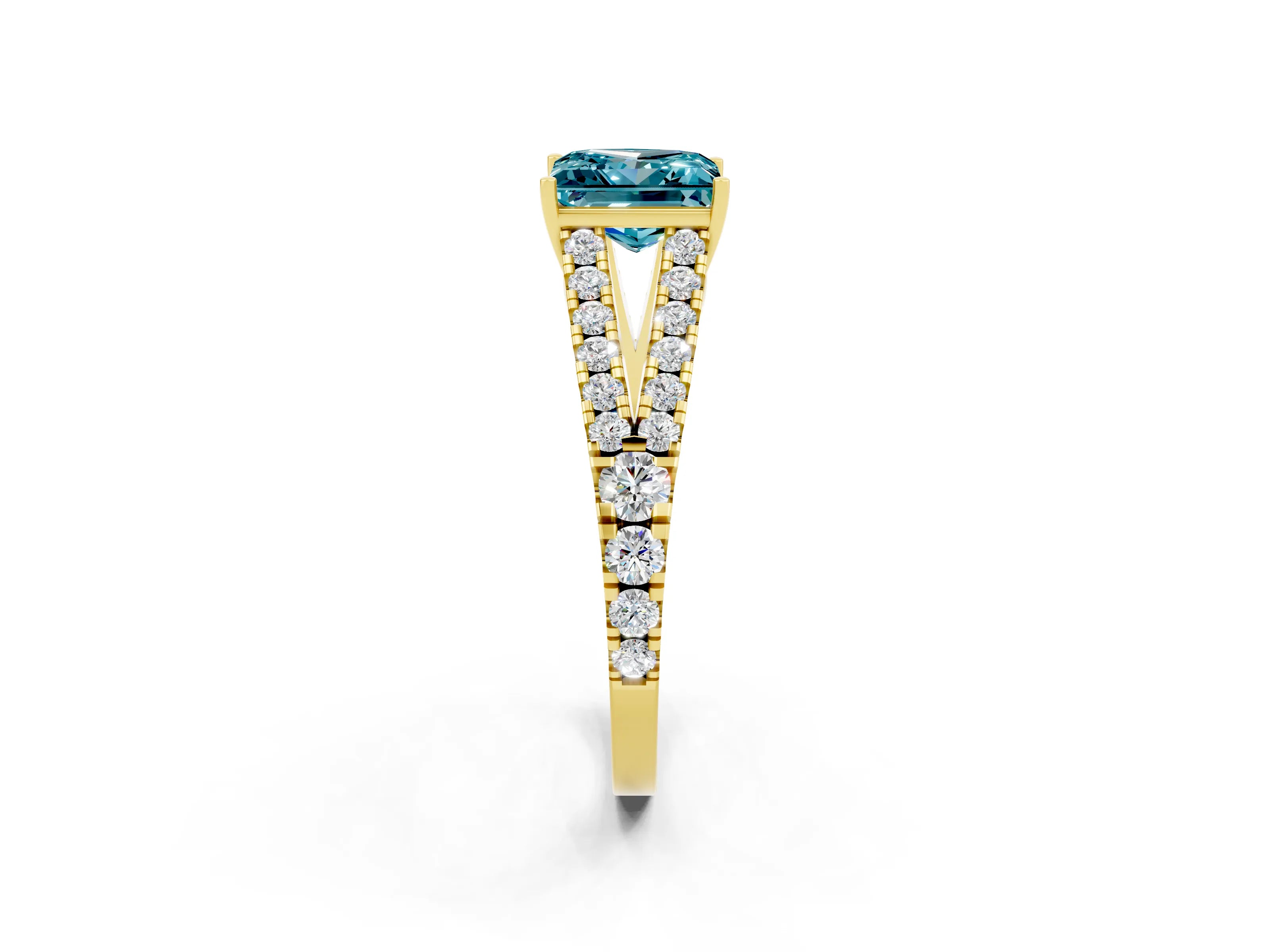 Yellow gold Princess Cut Blue Topaz Split Shank Pavé Engagement Ring with Four-Prong Setting_14