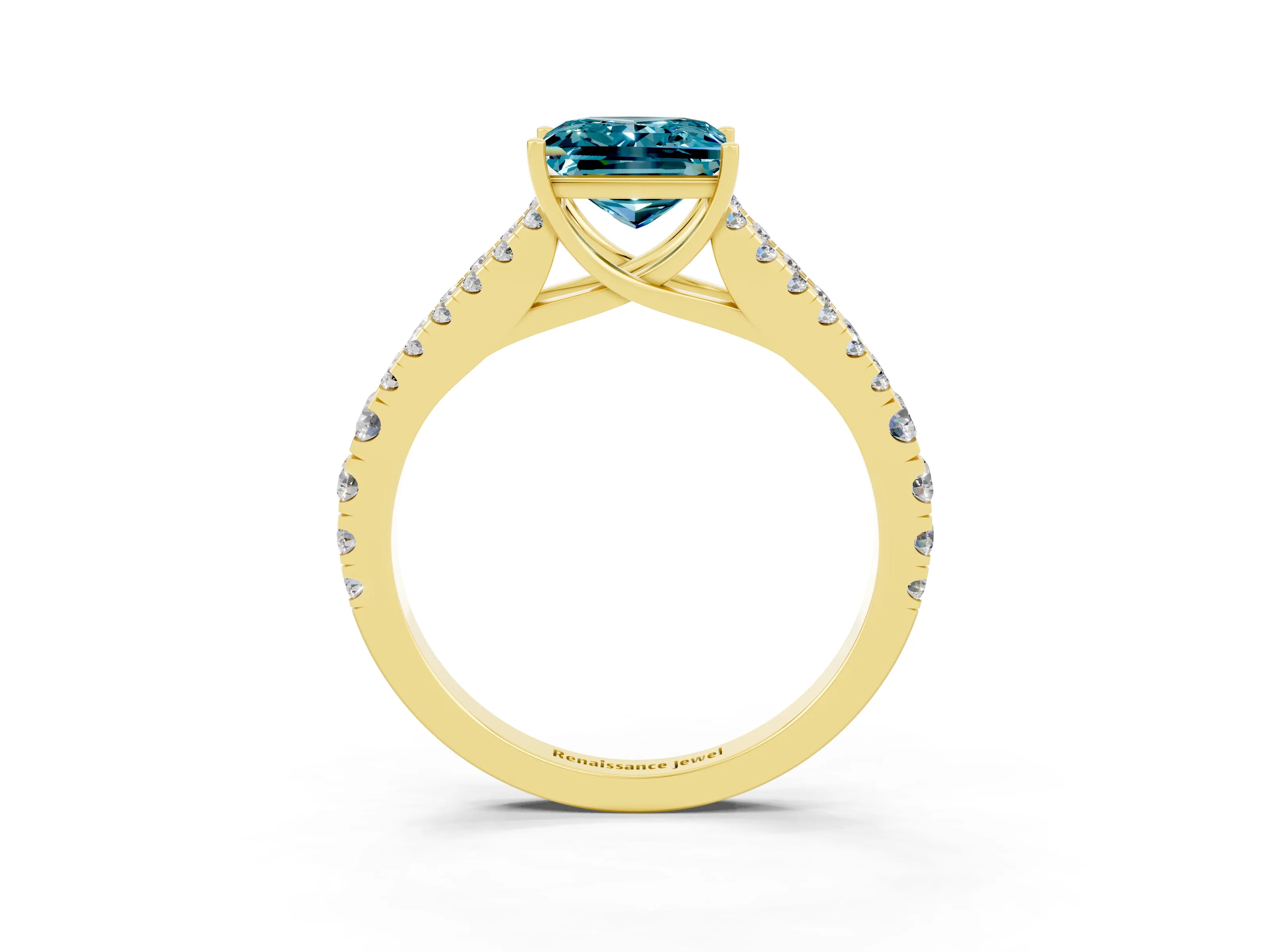 Yellow gold Princess Cut Blue Topaz Split Shank Pavé Engagement Ring with Four-Prong Setting_15