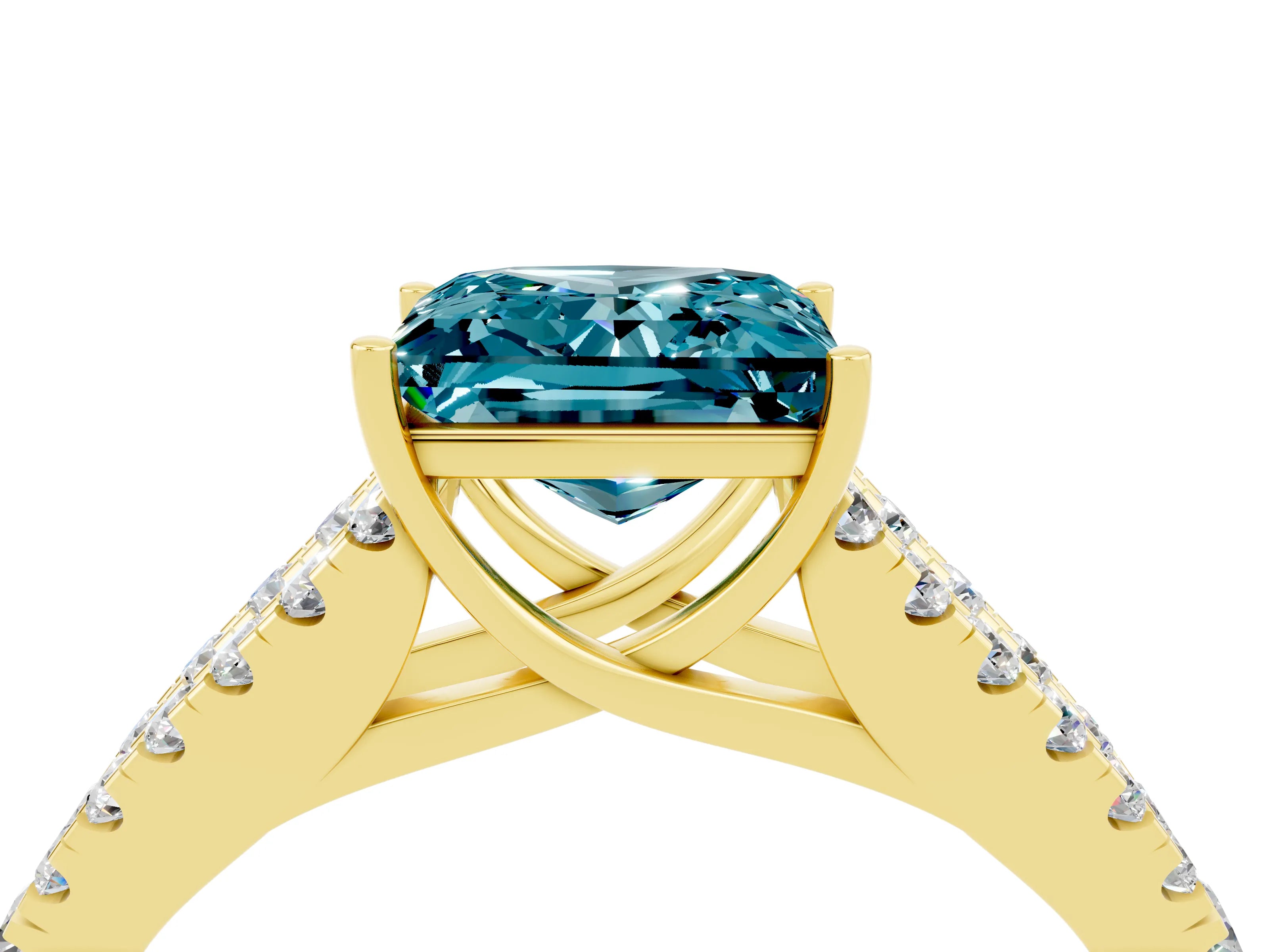 Yellow gold Princess Cut Blue Topaz Split Shank Pavé Engagement Ring with Four-Prong Setting_16