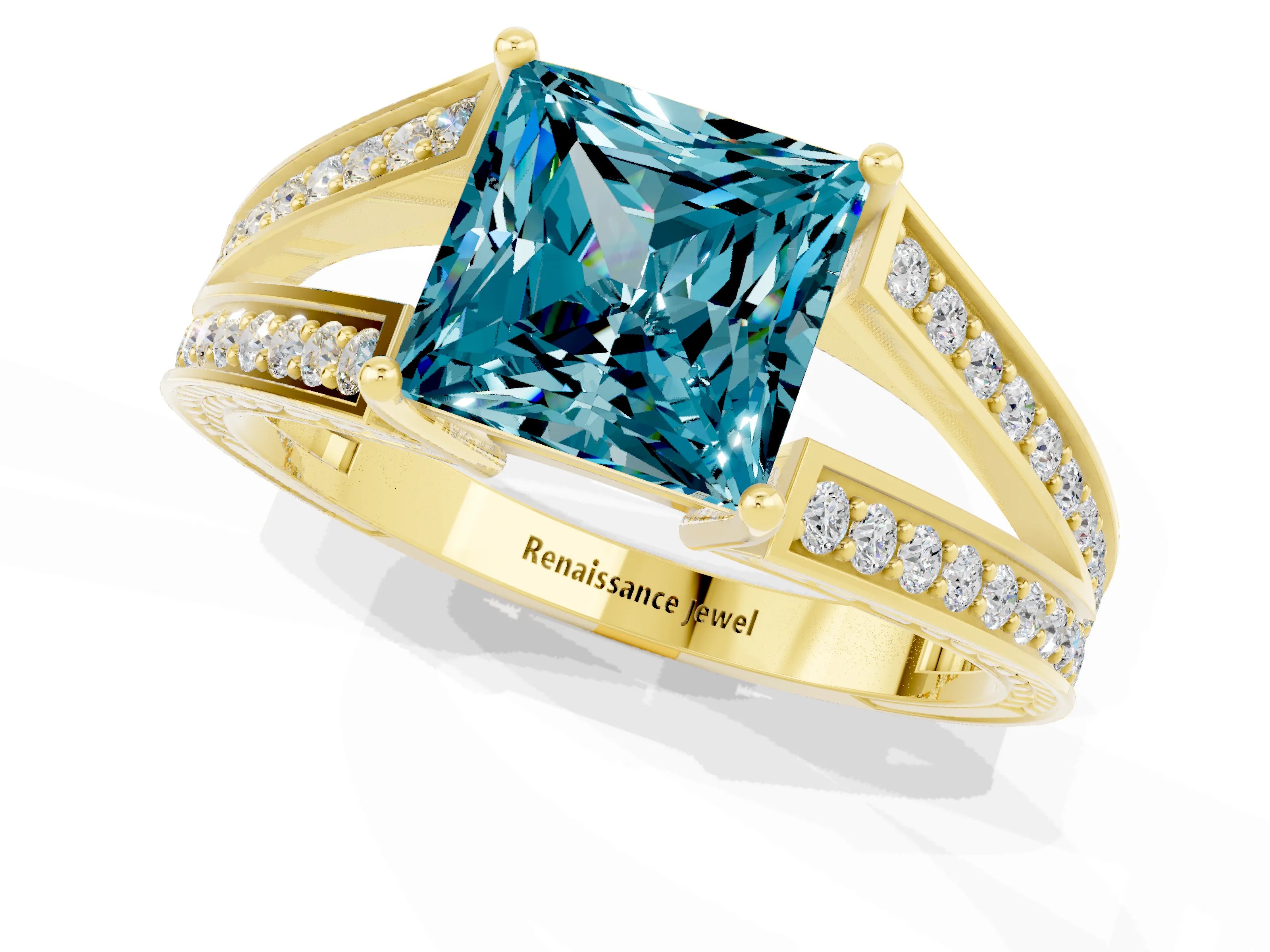 Yellow gold Princess Cut Blue Topaz Split Shank Ring with Pavé Band and Four-Prong Setting_1