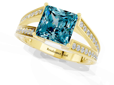 Yellow gold Princess Cut Blue Topaz Split Shank Ring with Pavé Band and Four-Prong Setting_1