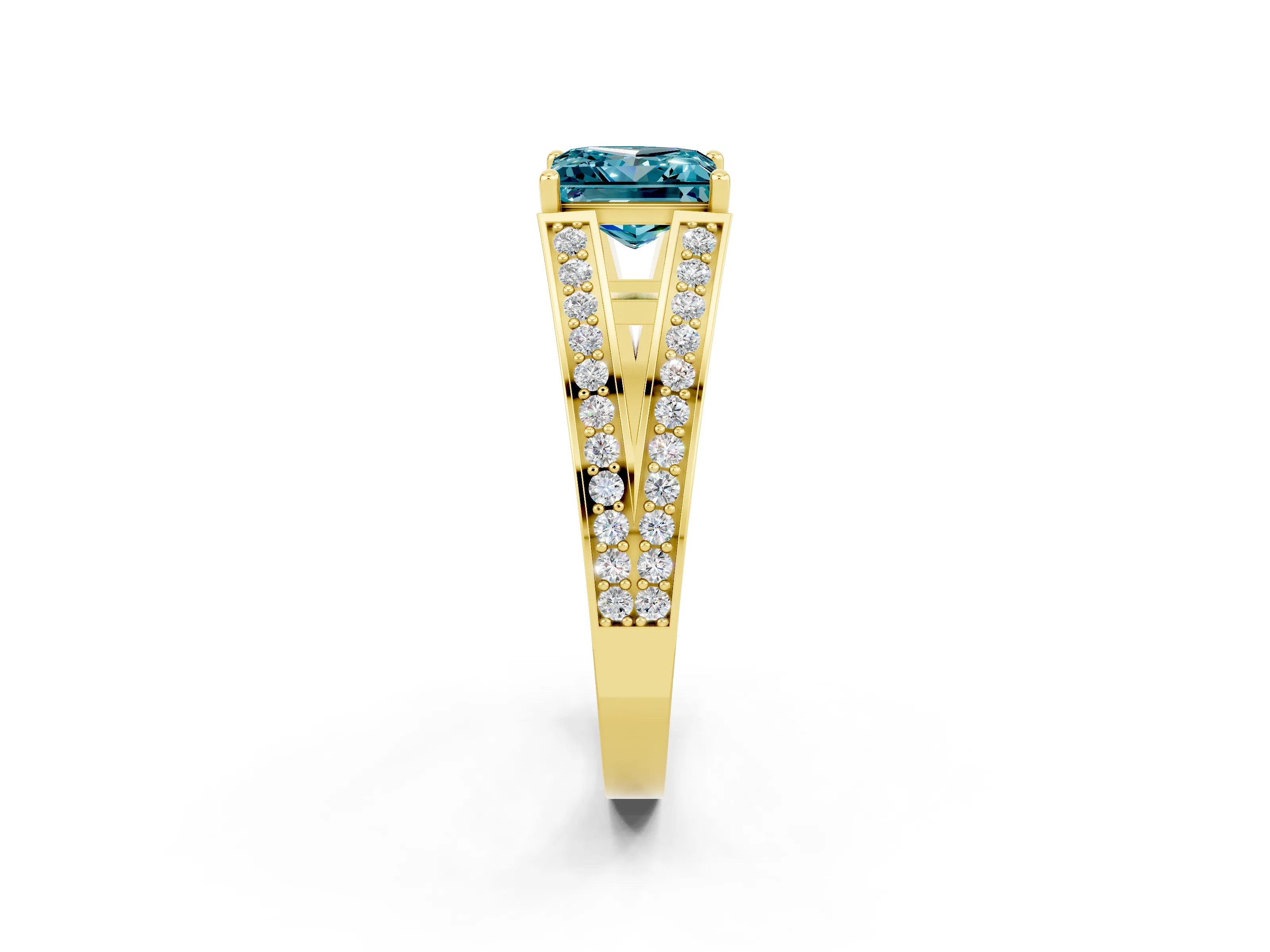Yellow gold Princess Cut Blue Topaz Split Shank Ring with Pavé Band and Four-Prong Setting_2