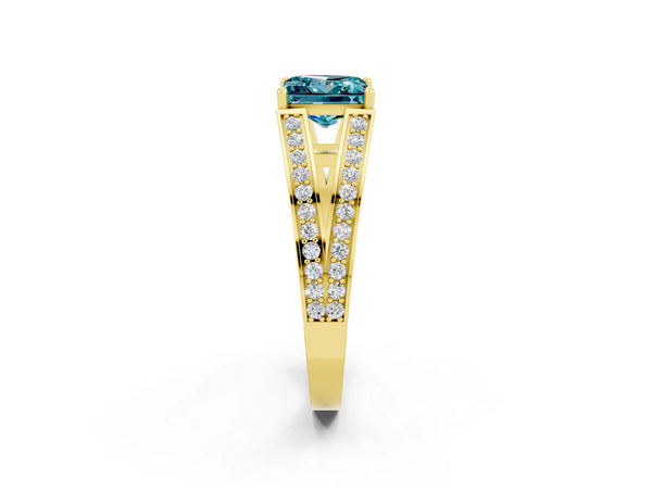 Yellow gold Princess Cut Blue Topaz Split Shank Ring with Pavé Band and Four-Prong Setting