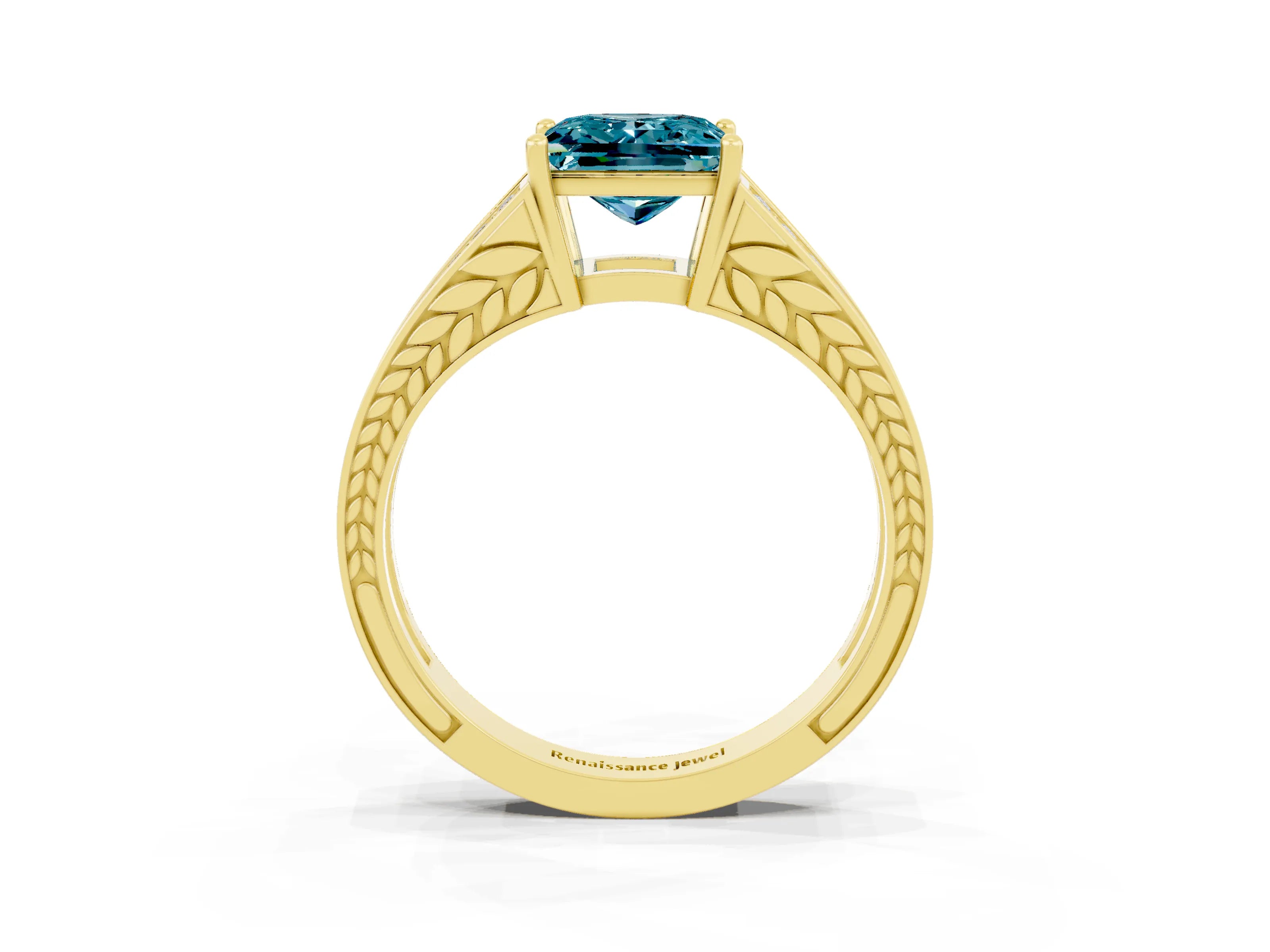 Yellow gold Princess Cut Blue Topaz Split Shank Ring with Pavé Band and Four-Prong Setting_3