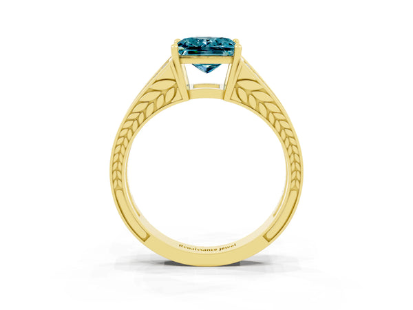 Yellow gold Princess Cut Blue Topaz Split Shank Ring with Pavé Band and Four-Prong Setting