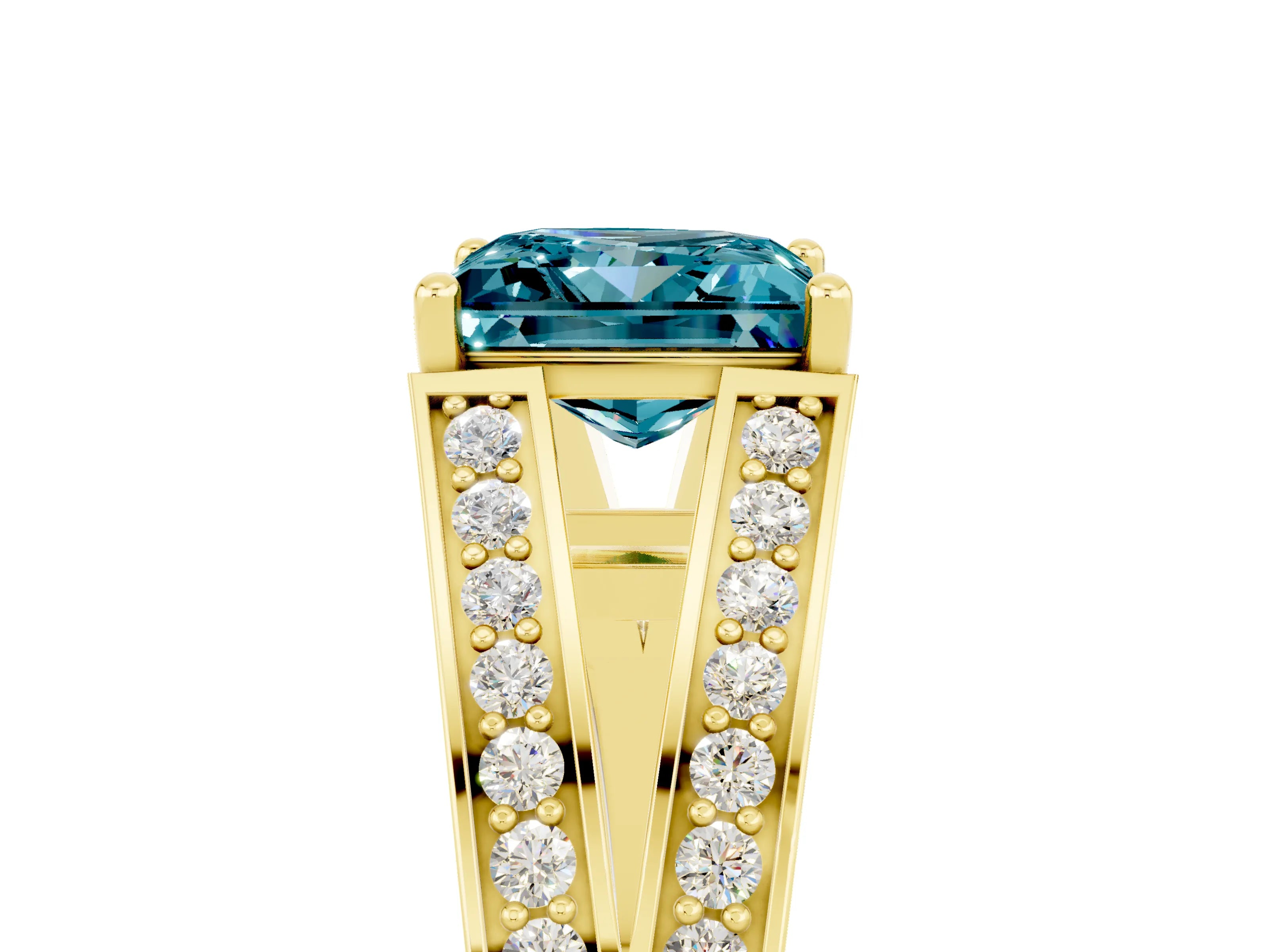 Yellow gold Princess Cut Blue Topaz Split Shank Ring with Pavé Band and Four-Prong Setting_5