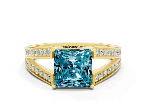 Yellow gold Princess Cut Blue Topaz Split Shank Ring with Pavé Band and Four-Prong Setting
