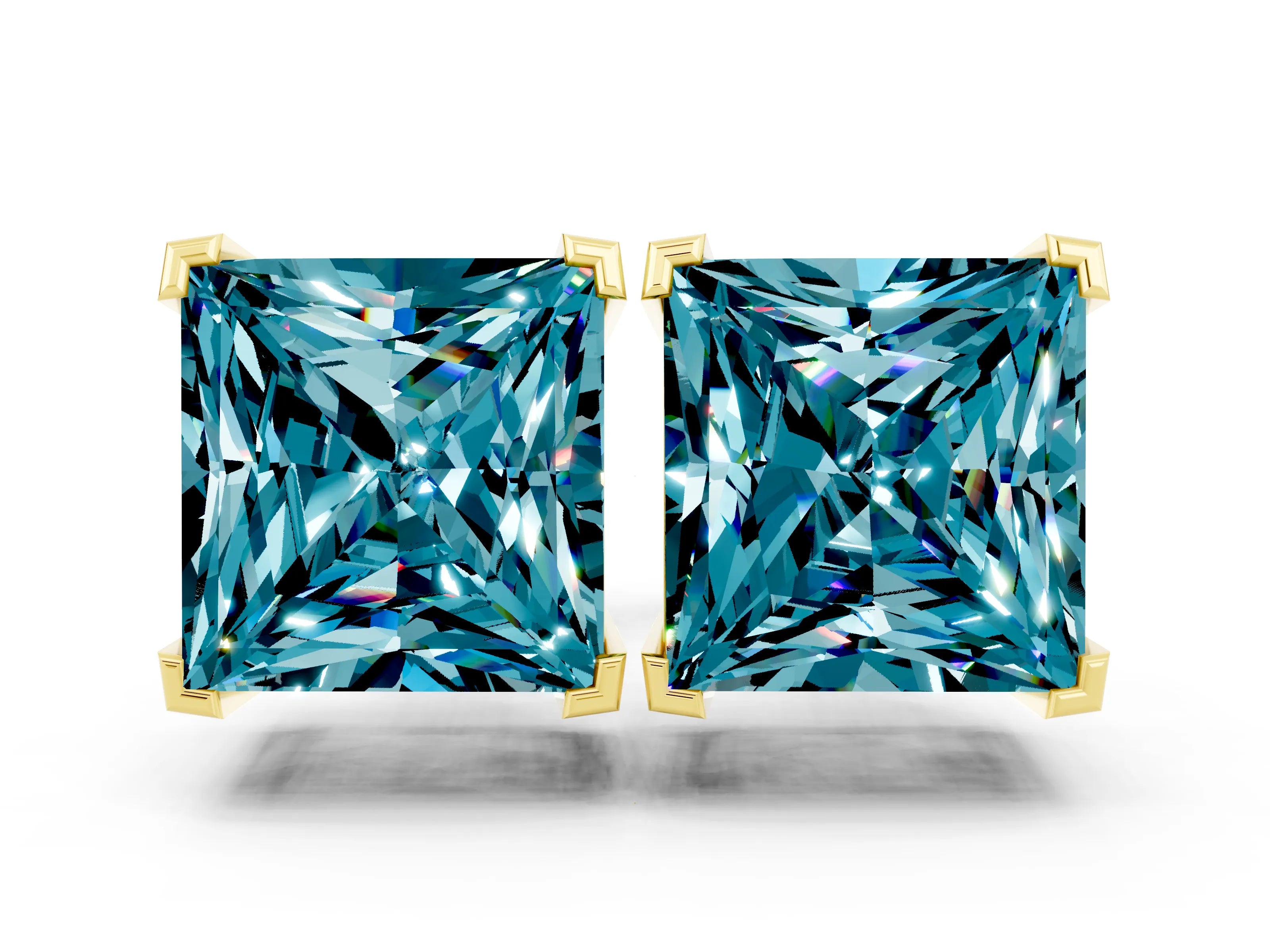 Yellow gold Princess Cut Blue Topaz Stud Earrings_30