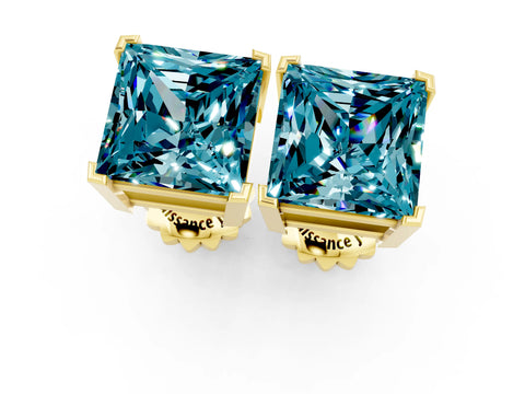 Yellow gold Princess Cut Blue Topaz Stud Earrings_31