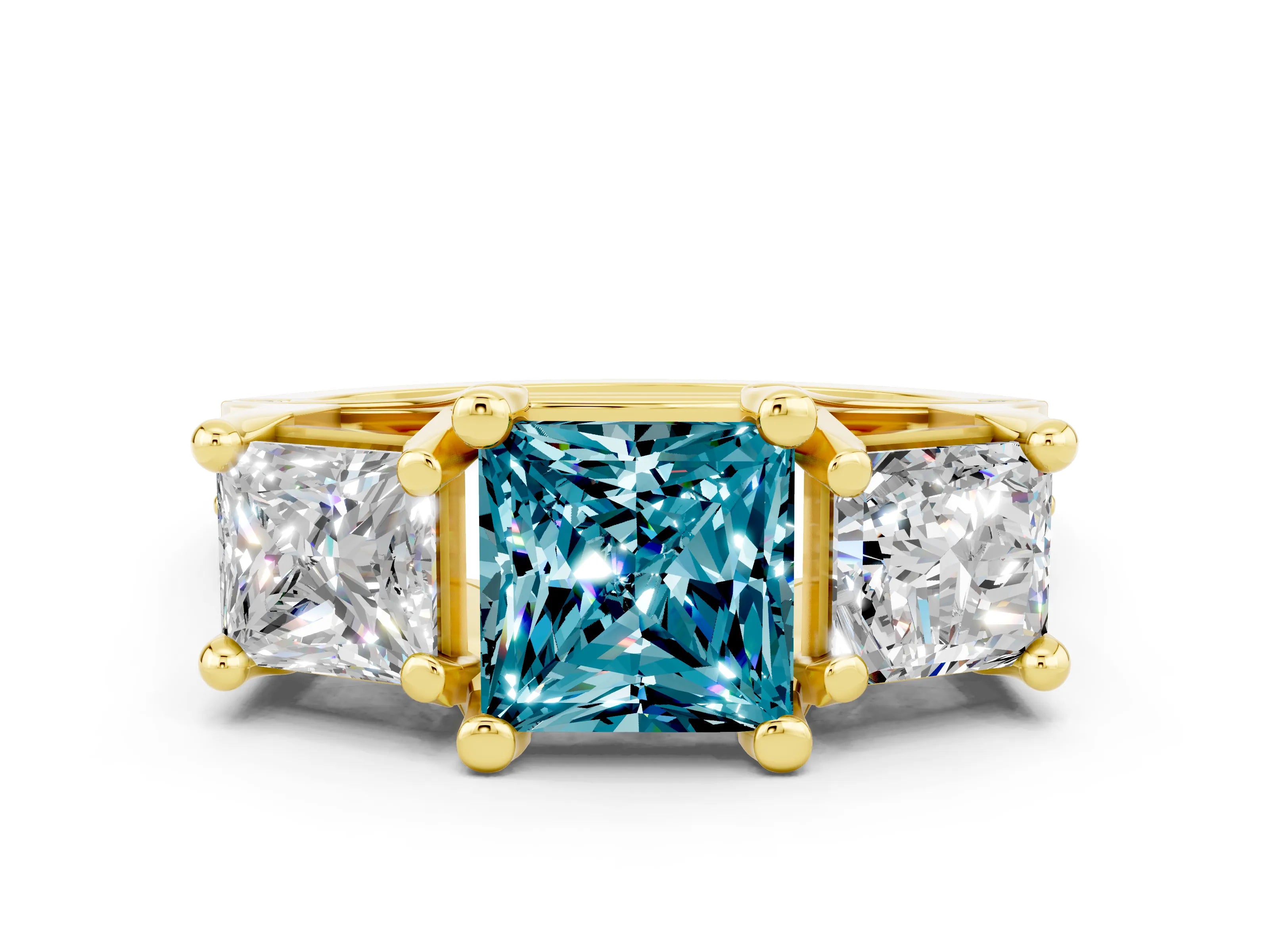Yellow gold Princess Cut Blue Topaz Three-Stone Ring with Channel Set Band and Four-Prong Setting