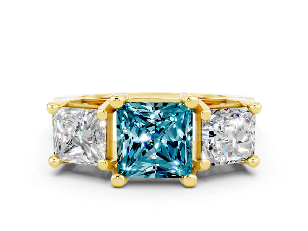 Yellow gold Princess Cut Blue Topaz Three-Stone Ring with Channel Set Band and Four-Prong Setting