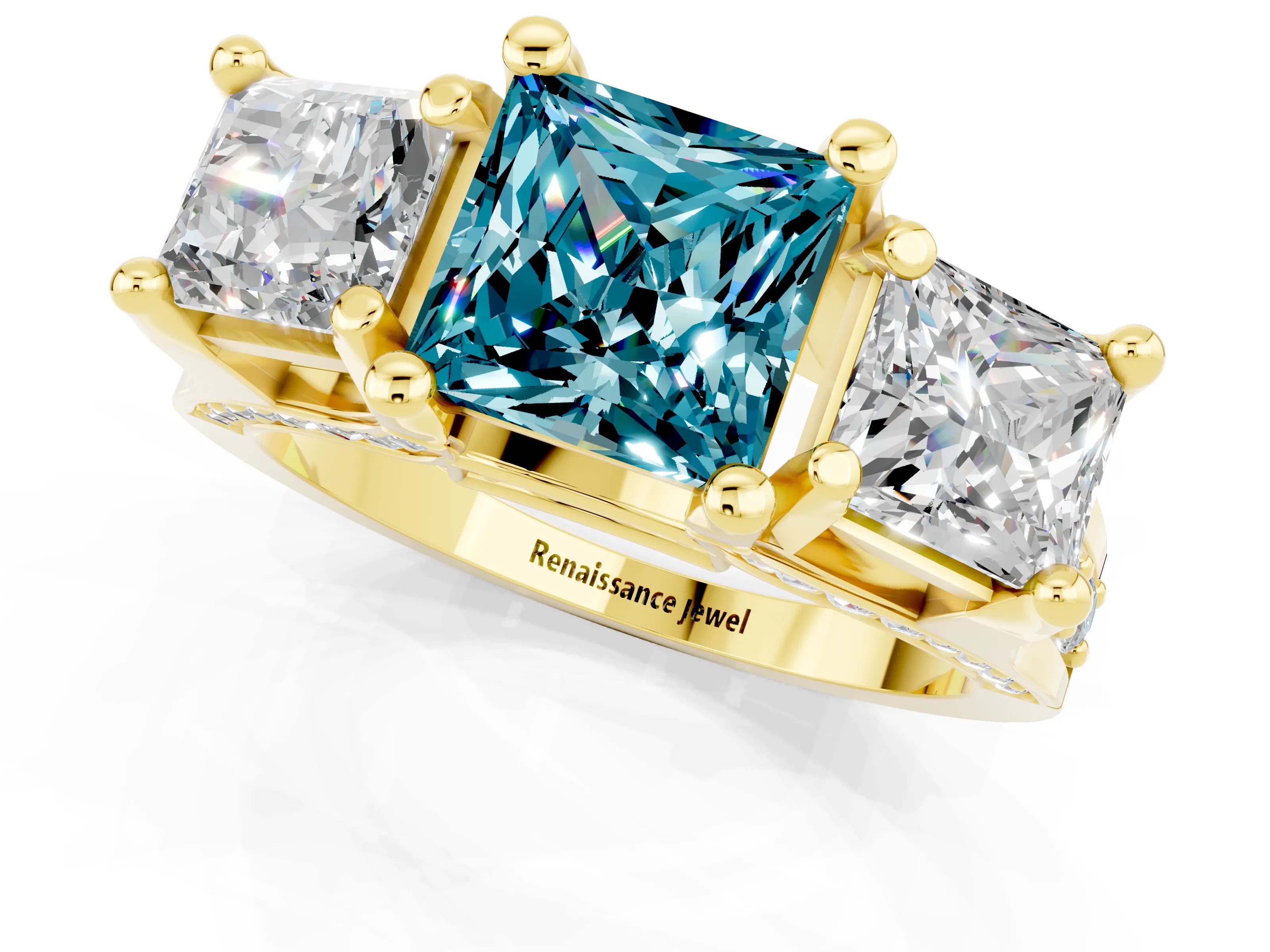 Yellow gold Princess Cut Blue Topaz Three-Stone Ring with Channel Set Band and Four-Prong Setting_1