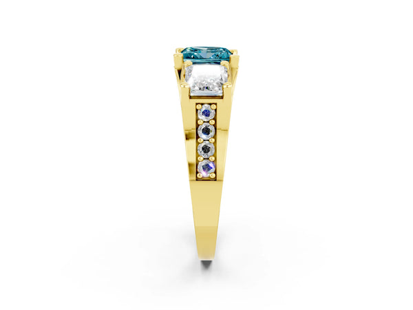 Yellow gold Princess Cut Blue Topaz Three-Stone Ring with Channel Set Band and Four-Prong Setting