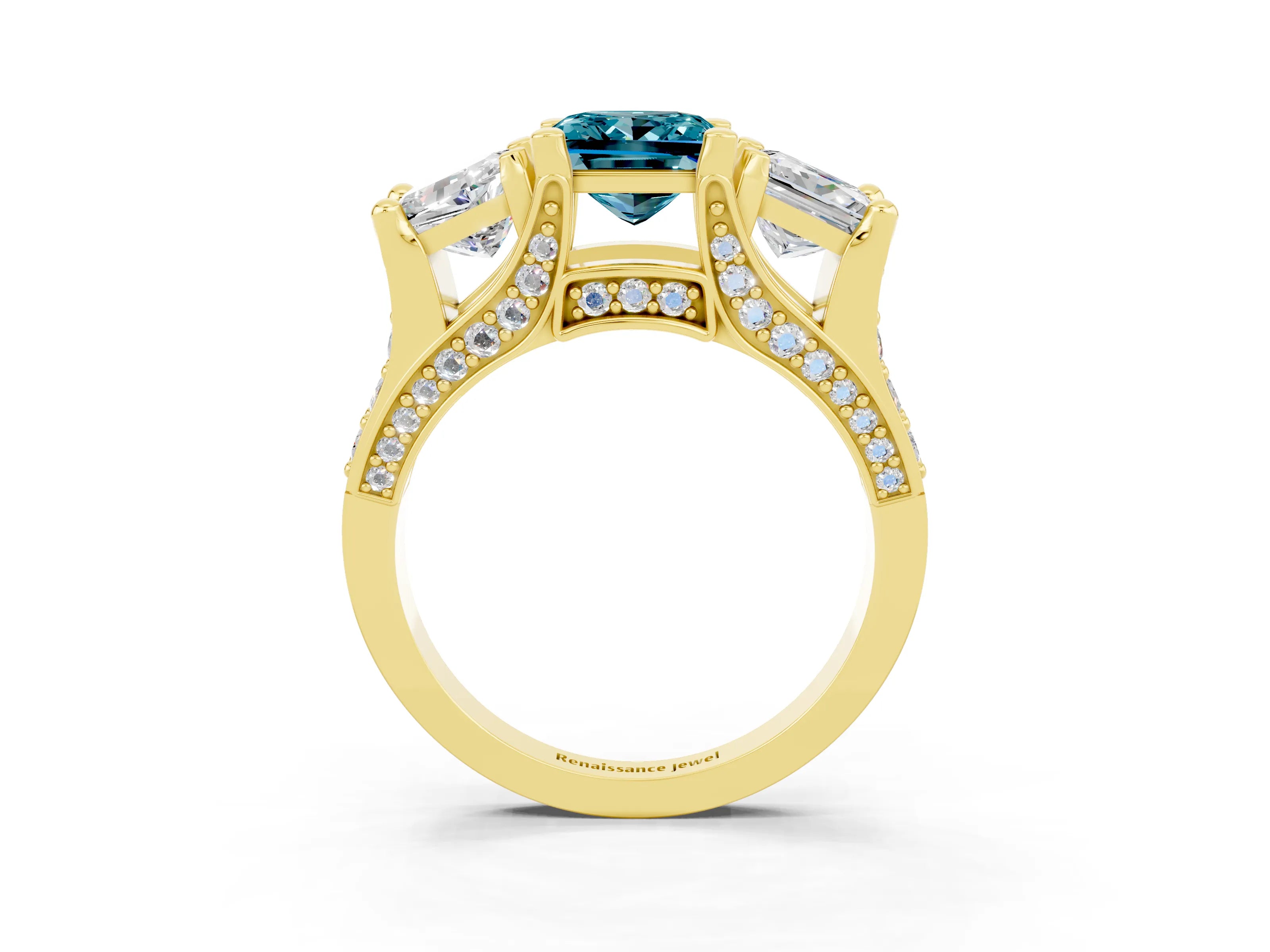 Yellow gold Princess Cut Blue Topaz Three-Stone Ring with Channel Set Band and Four-Prong Setting_3