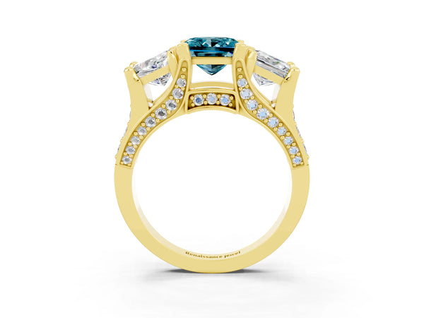 Yellow gold Princess Cut Blue Topaz Three-Stone Ring with Channel Set Band and Four-Prong Setting