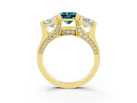 Yellow gold Princess Cut Blue Topaz Three-Stone Ring with Channel Set Band and Four-Prong Setting_3