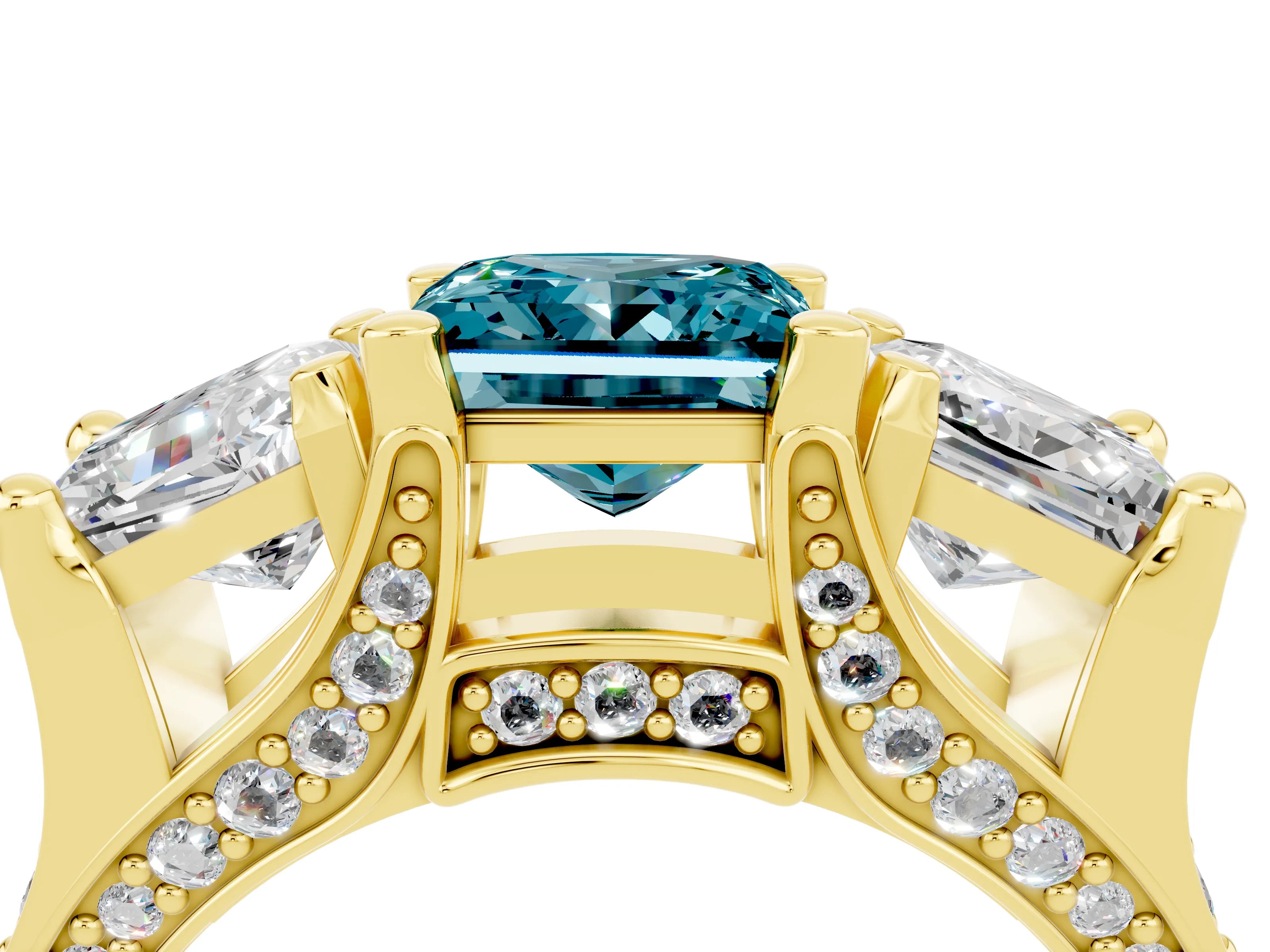Yellow gold Princess Cut Blue Topaz Three-Stone Ring with Channel Set Band and Four-Prong Setting_4