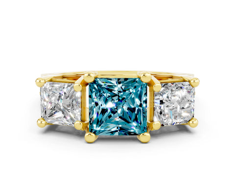 Yellow gold Princess Cut Blue Topaz Three-Stone Ring with Channel Set Band and Four-Prong Setting