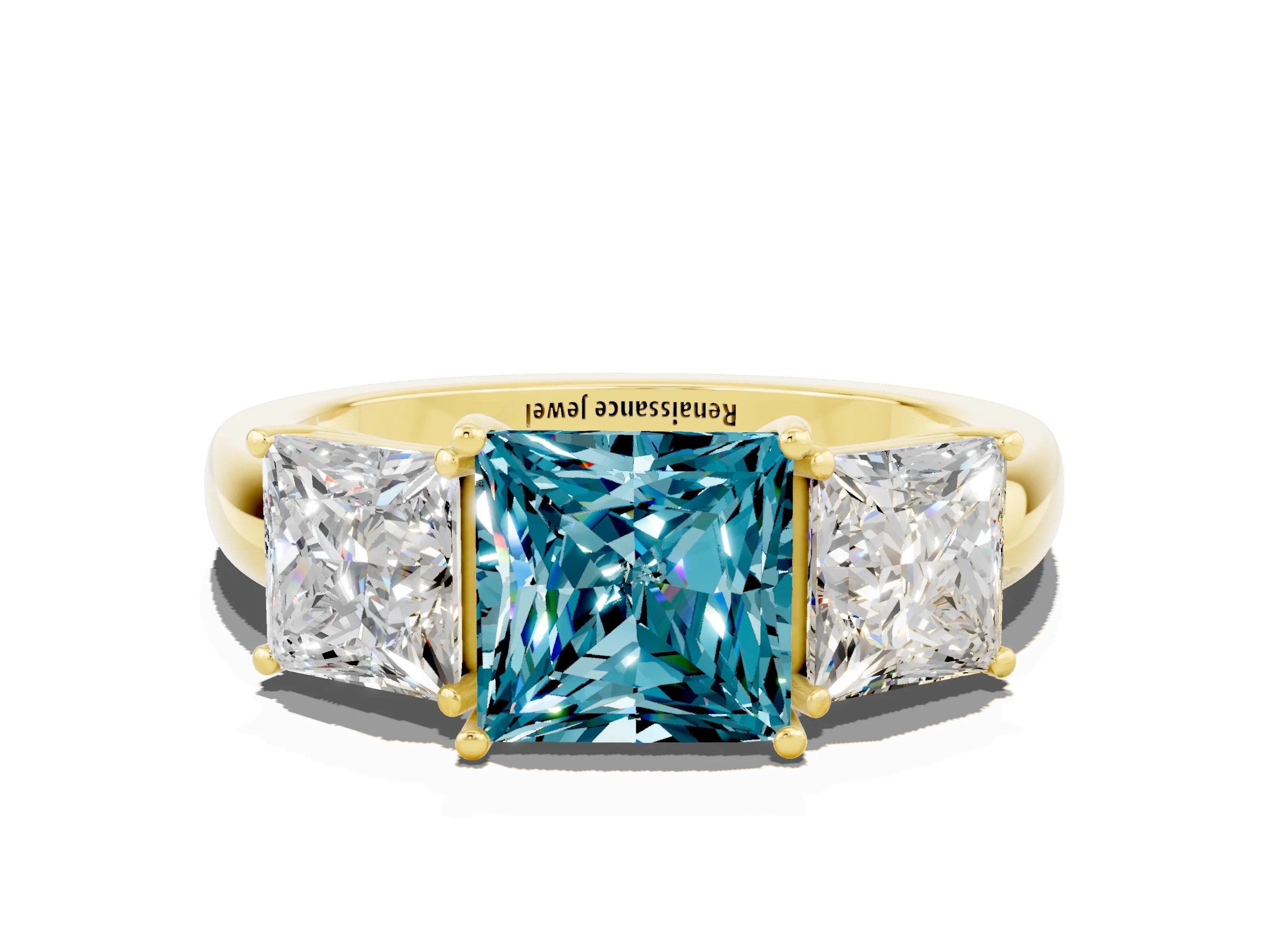 Yellow gold Princess Cut Blue Topaz Three-Stone Ring with Four-Prong Setting and Classic Band