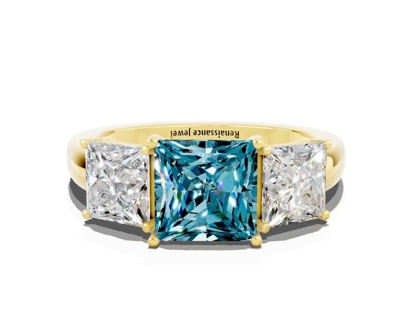 Yellow gold Princess Cut Blue Topaz Three-Stone Ring with Four-Prong Setting and Classic Band