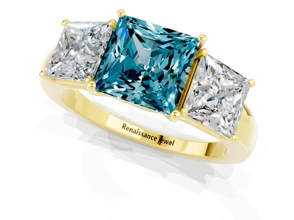 Yellow gold Princess Cut Blue Topaz Three-Stone Ring with Four-Prong Setting and Classic Band