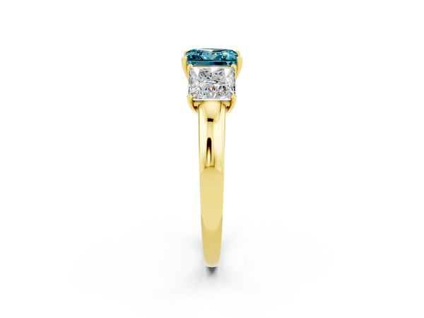Yellow gold Princess Cut Blue Topaz Three-Stone Ring with Four-Prong Setting and Classic Band