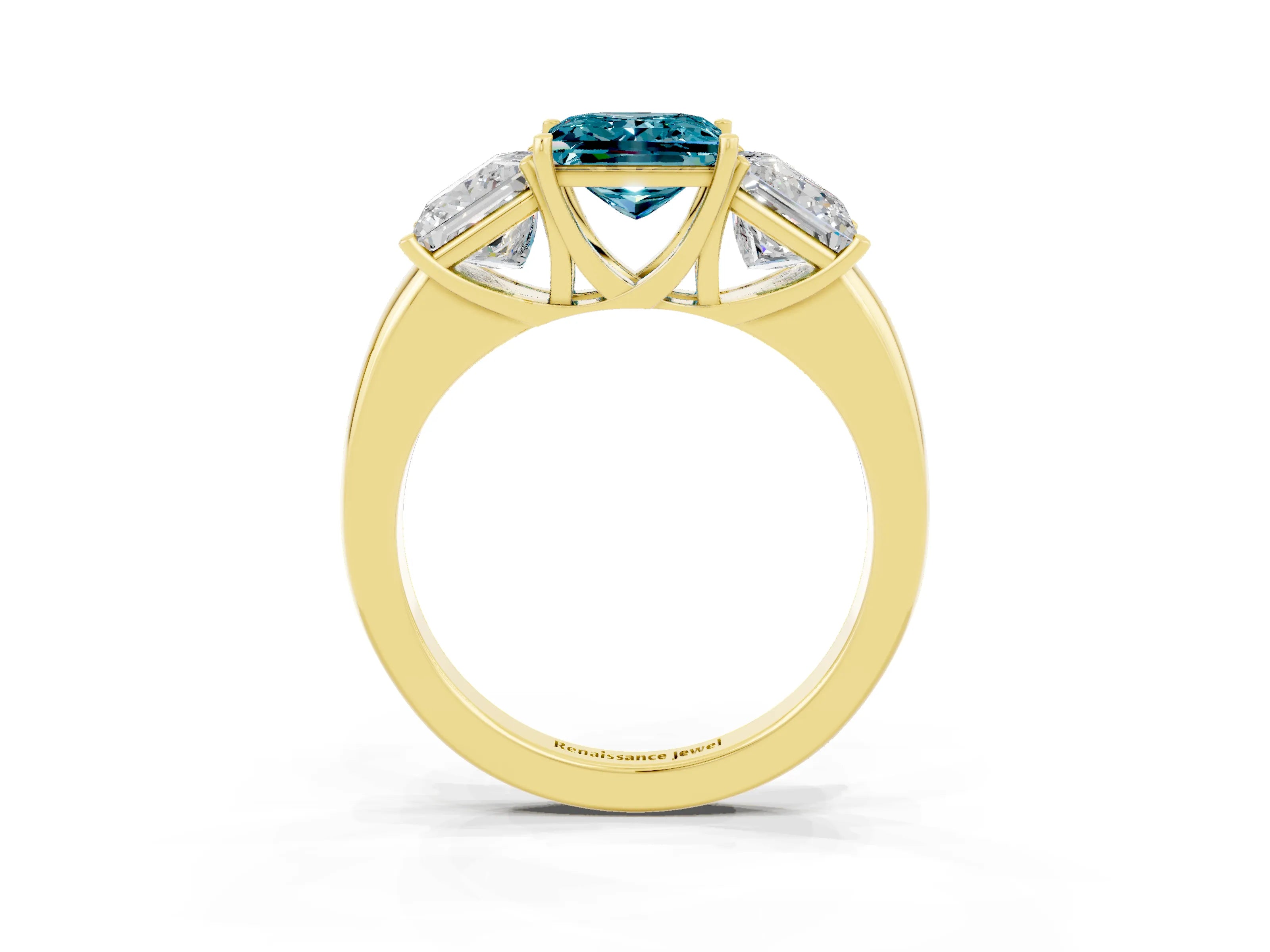 Yellow gold Princess Cut Blue Topaz Three-Stone Ring with Four-Prong Setting and Classic Band_3