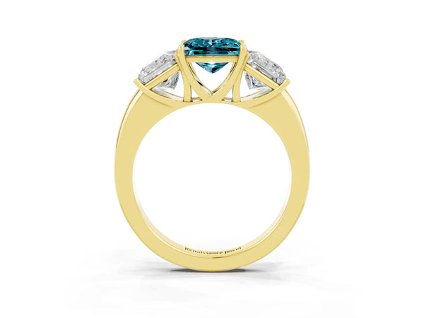 Yellow gold Princess Cut Blue Topaz Three-Stone Ring with Four-Prong Setting and Classic Band