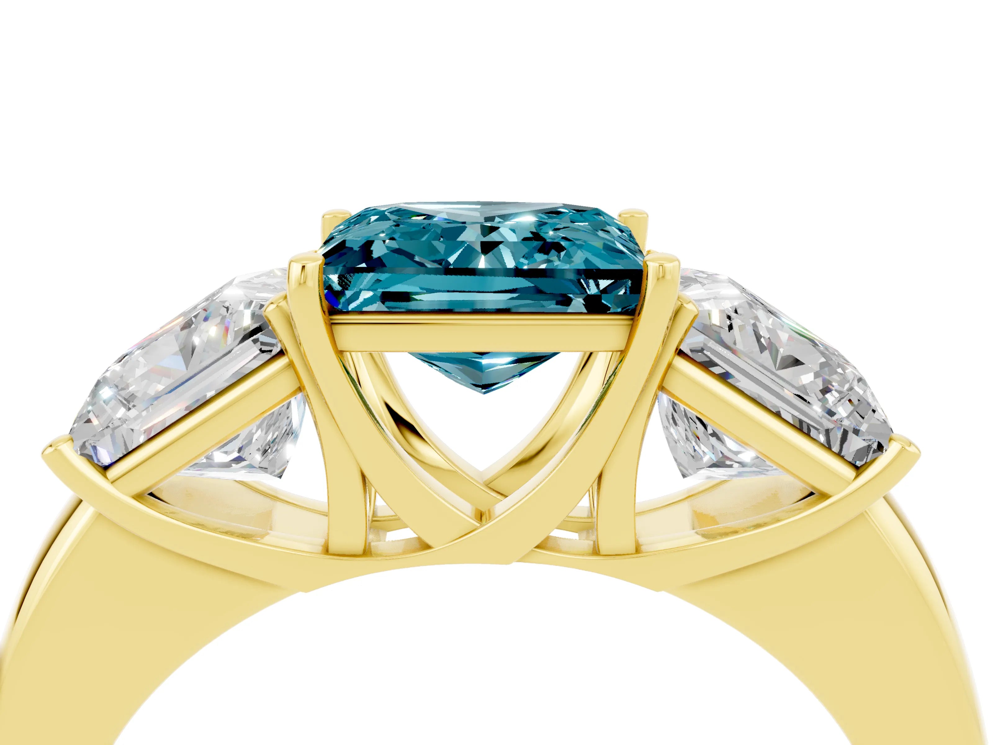 Yellow gold Princess Cut Blue Topaz Three-Stone Ring with Four-Prong Setting and Classic Band_4