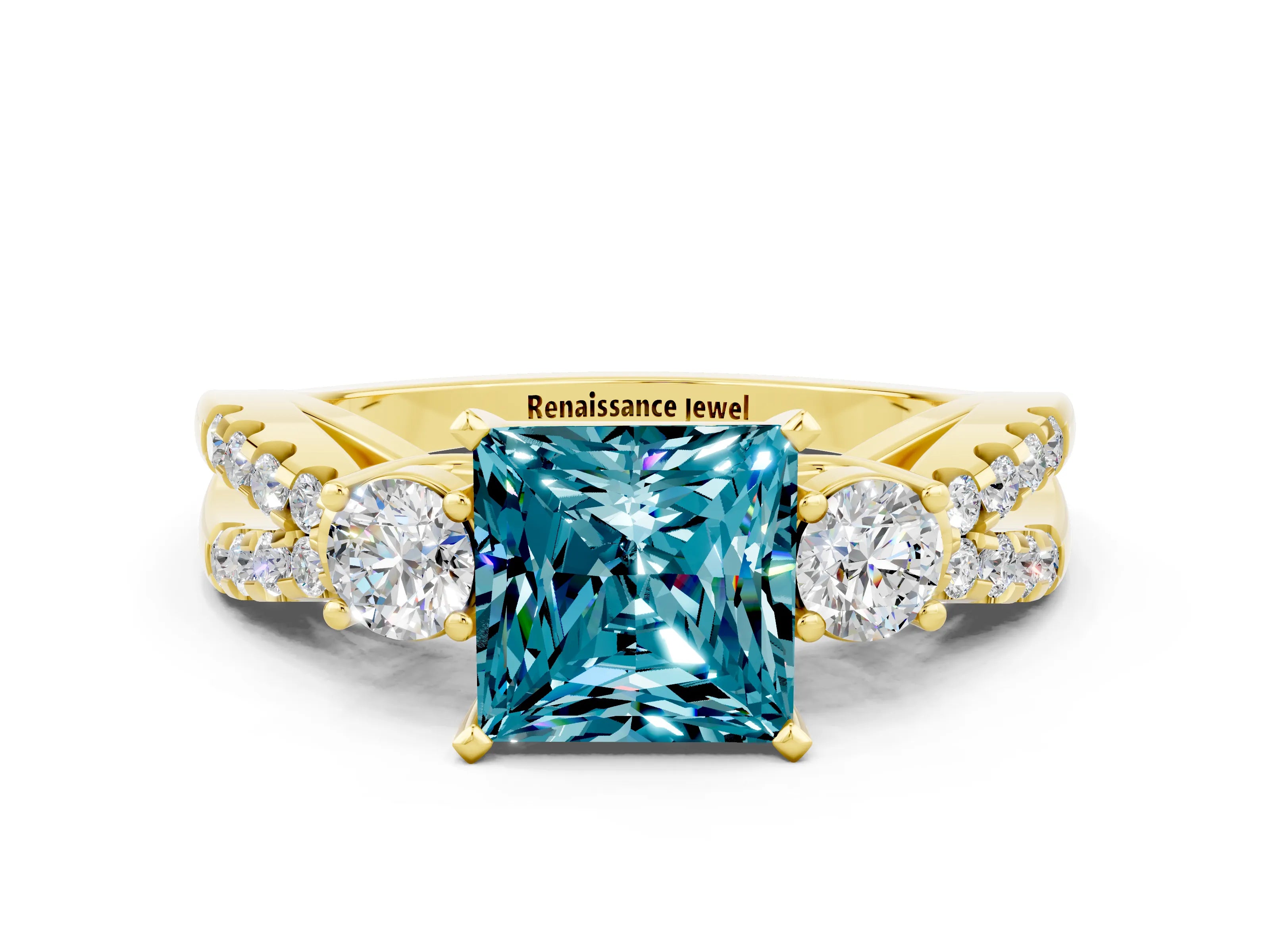 Yellow gold Princess Cut Blue Topaz Three-Stone Ring with Pavé Split Shank and Four-Prong Setting