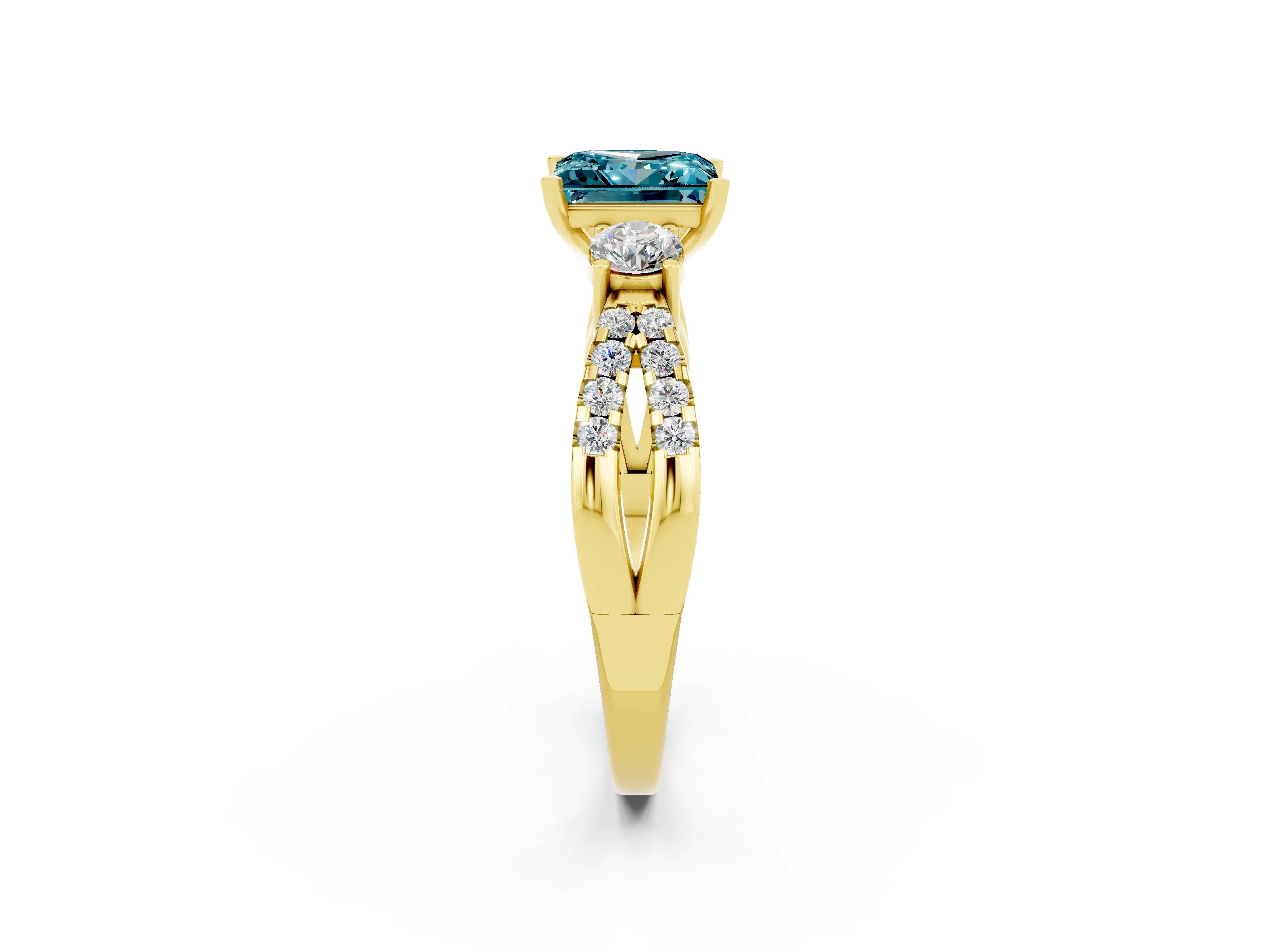Yellow gold Princess Cut Blue Topaz Three-Stone Ring with Pavé Split Shank and Four-Prong Setting_2