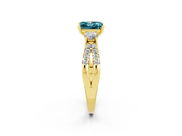 Yellow gold Princess Cut Blue Topaz Three-Stone Ring with Pavé Split Shank and Four-Prong Setting