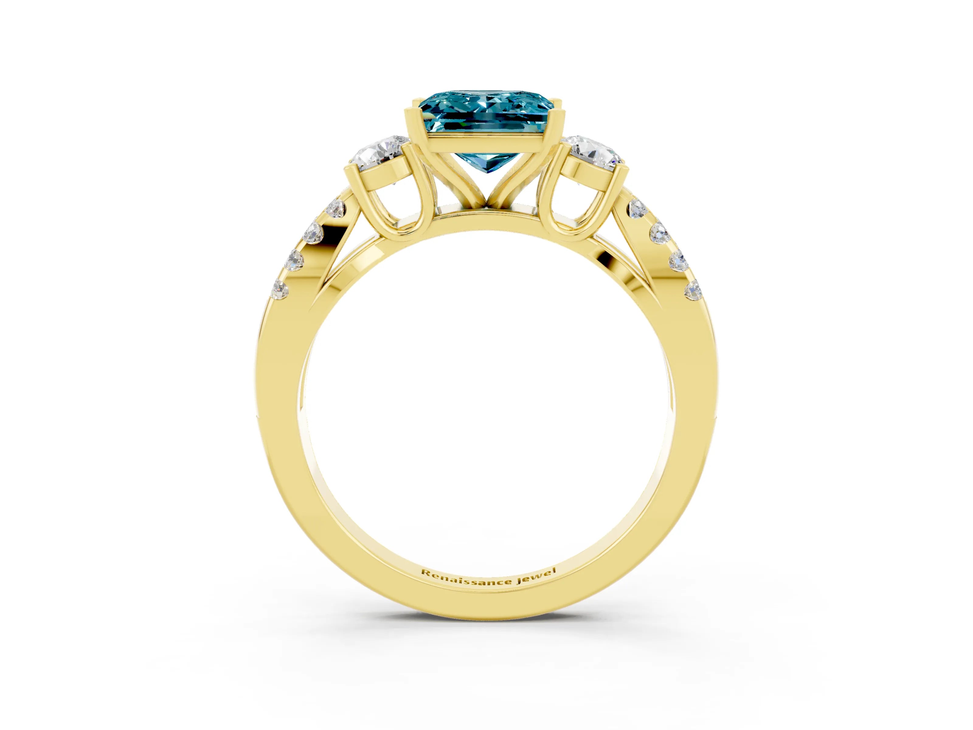 Yellow gold Princess Cut Blue Topaz Three-Stone Ring with Pavé Split Shank and Four-Prong Setting_3