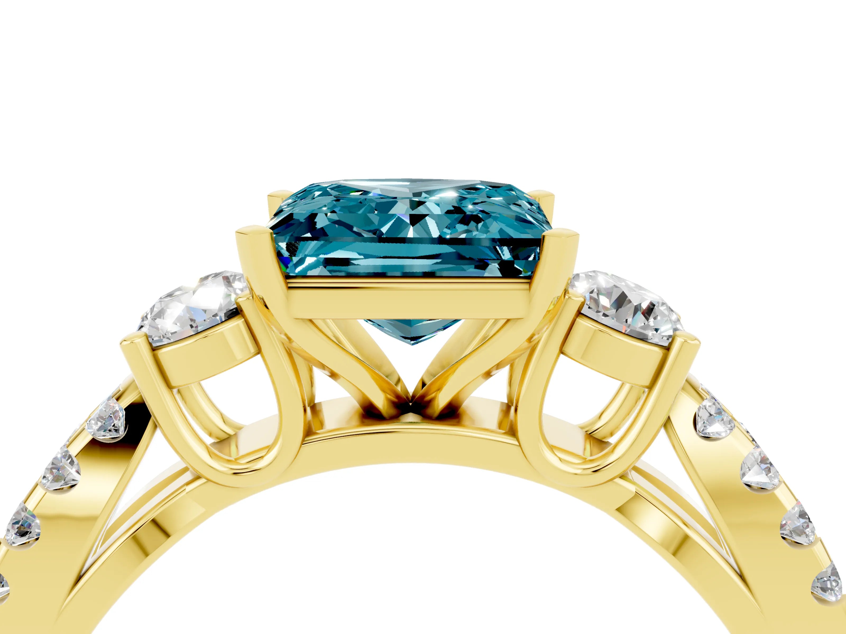 Yellow gold Princess Cut Blue Topaz Three-Stone Ring with Pavé Split Shank and Four-Prong Setting_4