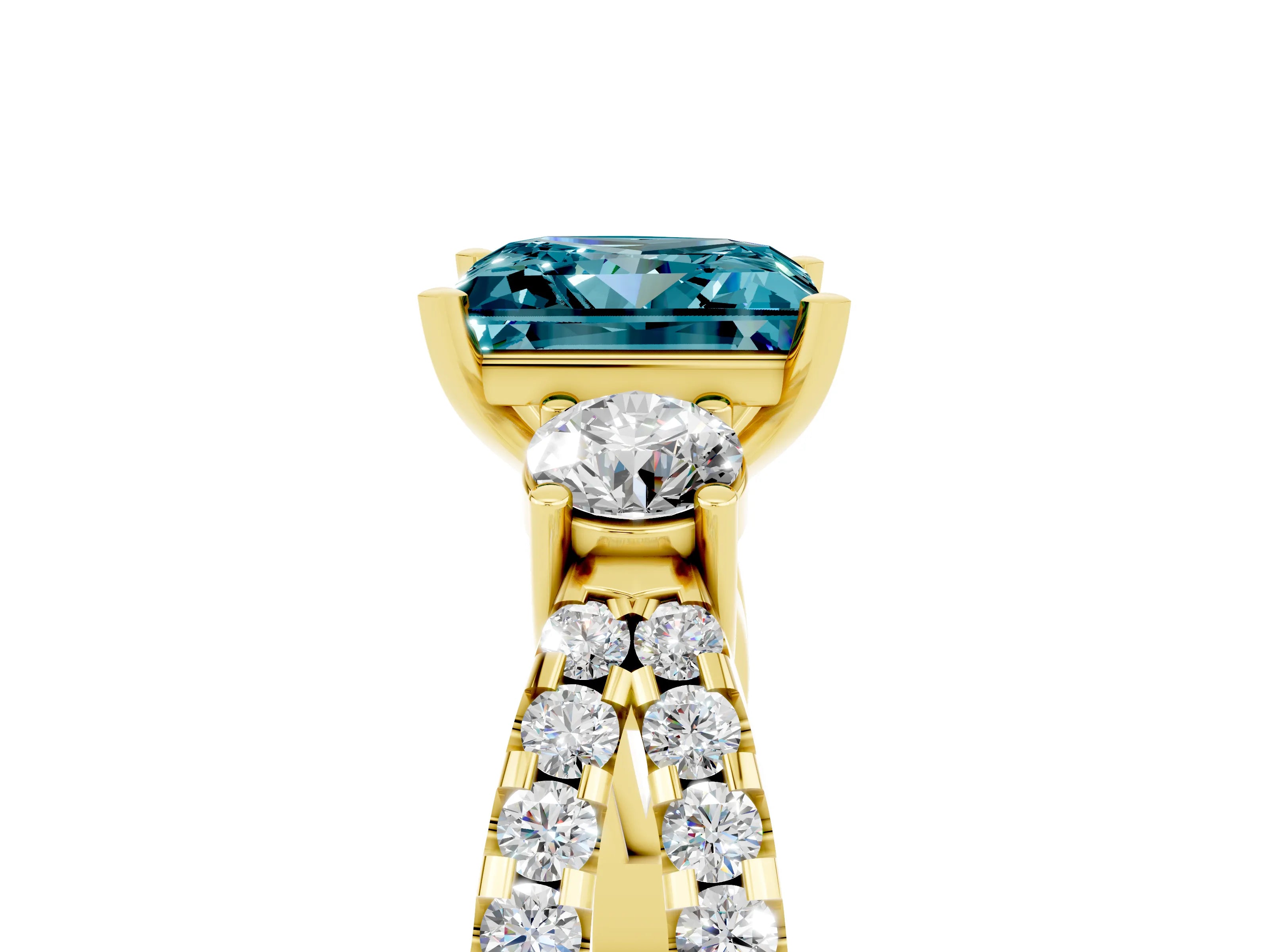 Yellow gold Princess Cut Blue Topaz Three-Stone Ring with Pavé Split Shank and Four-Prong Setting_5