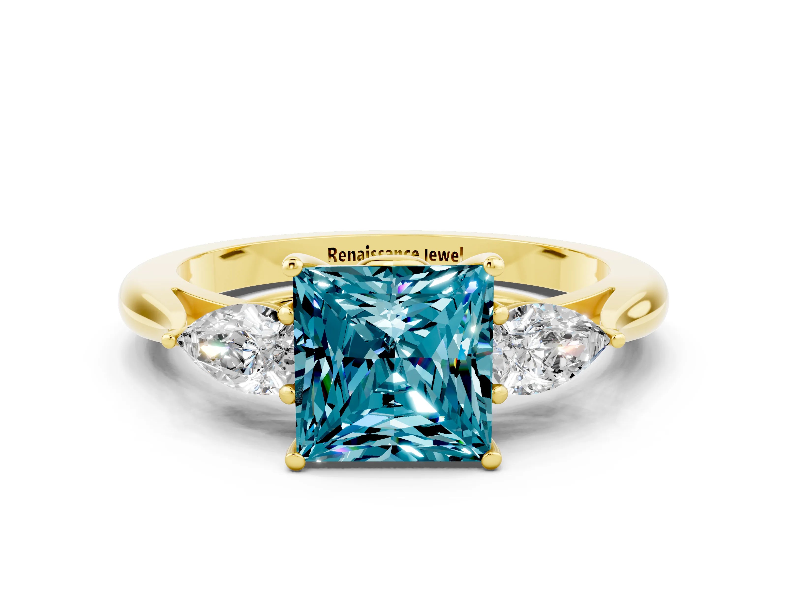 Yellow gold Princess Cut Blue Topaz Three-Stone Ring with Pear Side Stones and Four-Prong Setting_12