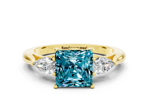 Yellow gold Princess Cut Blue Topaz Three-Stone Ring with Pear Side Stones and Four-Prong Setting_12