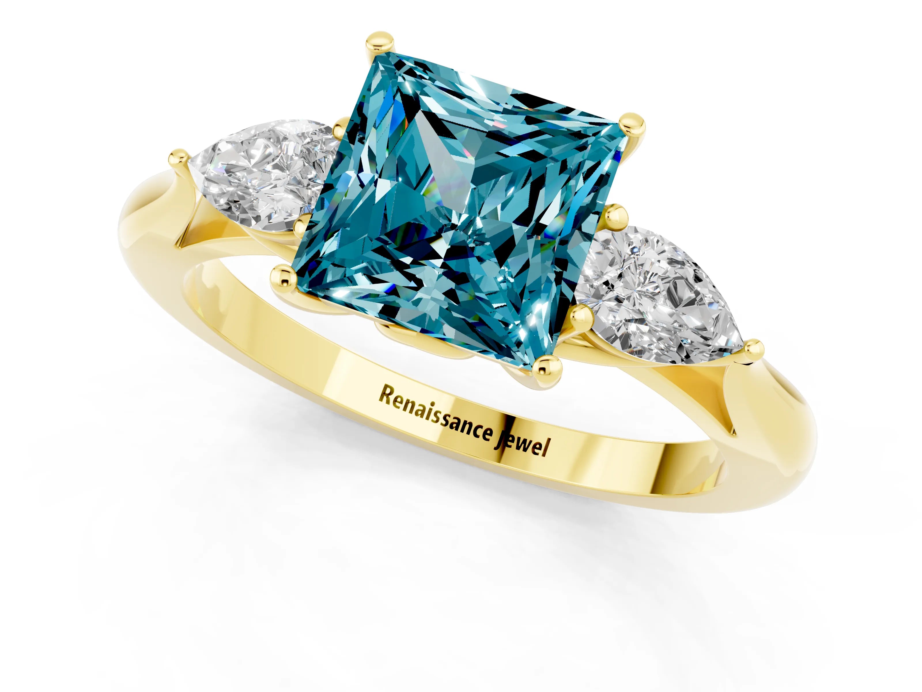 Yellow gold Princess Cut Blue Topaz Three-Stone Ring with Pear Side Stones and Four-Prong Setting_13
